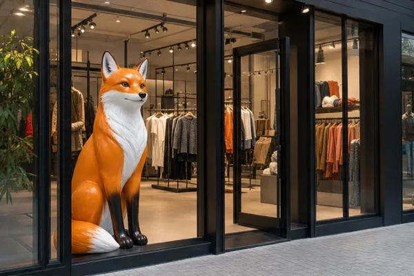 Tượng cáo composite màu cam trắng tại lối vào shop thời trang