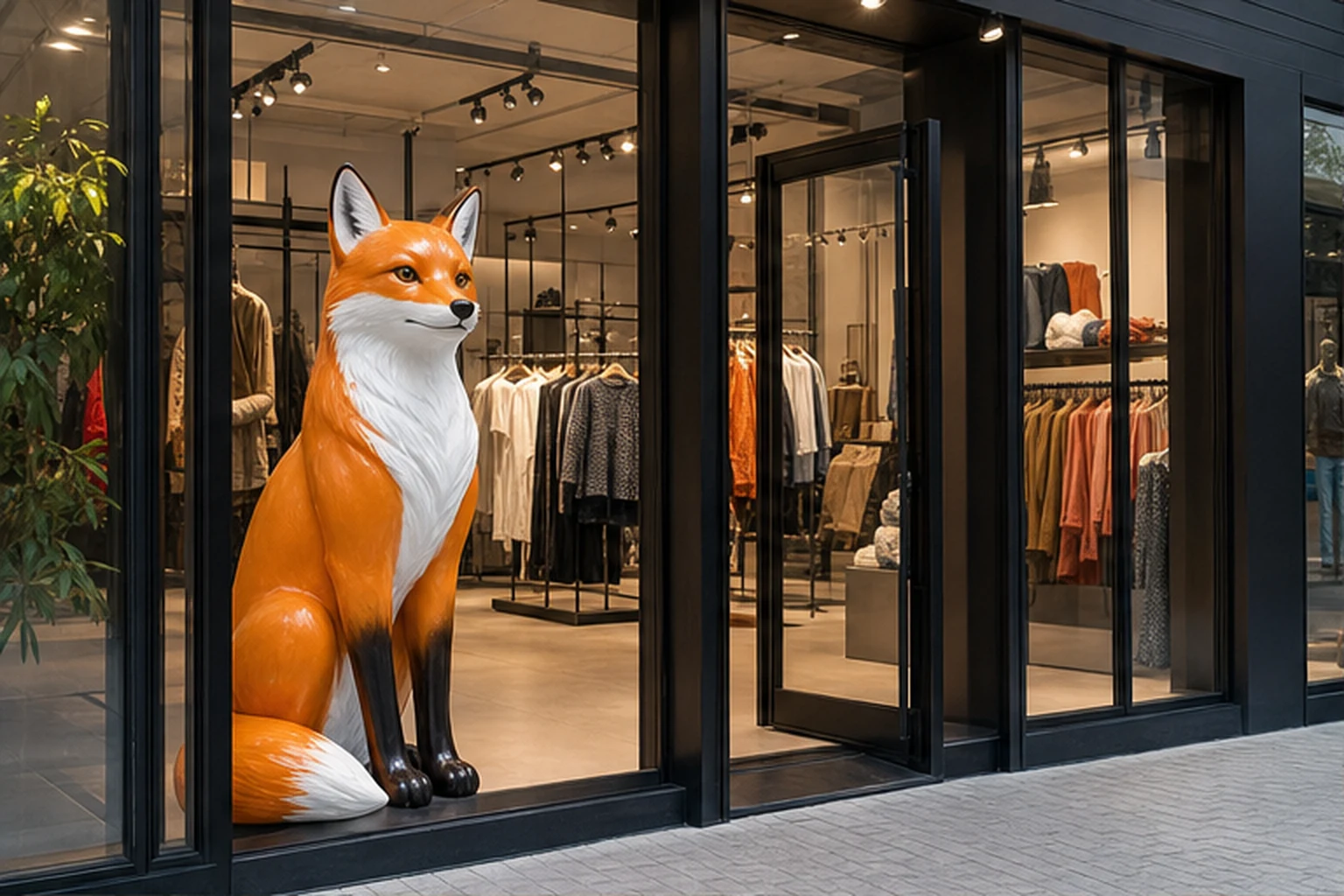 tượng cáo composite màu cam trắng đặt tại lối vào shop thời trang, khách nhìn thấy rõ từ ngoài cửa kính để minh họa mục...