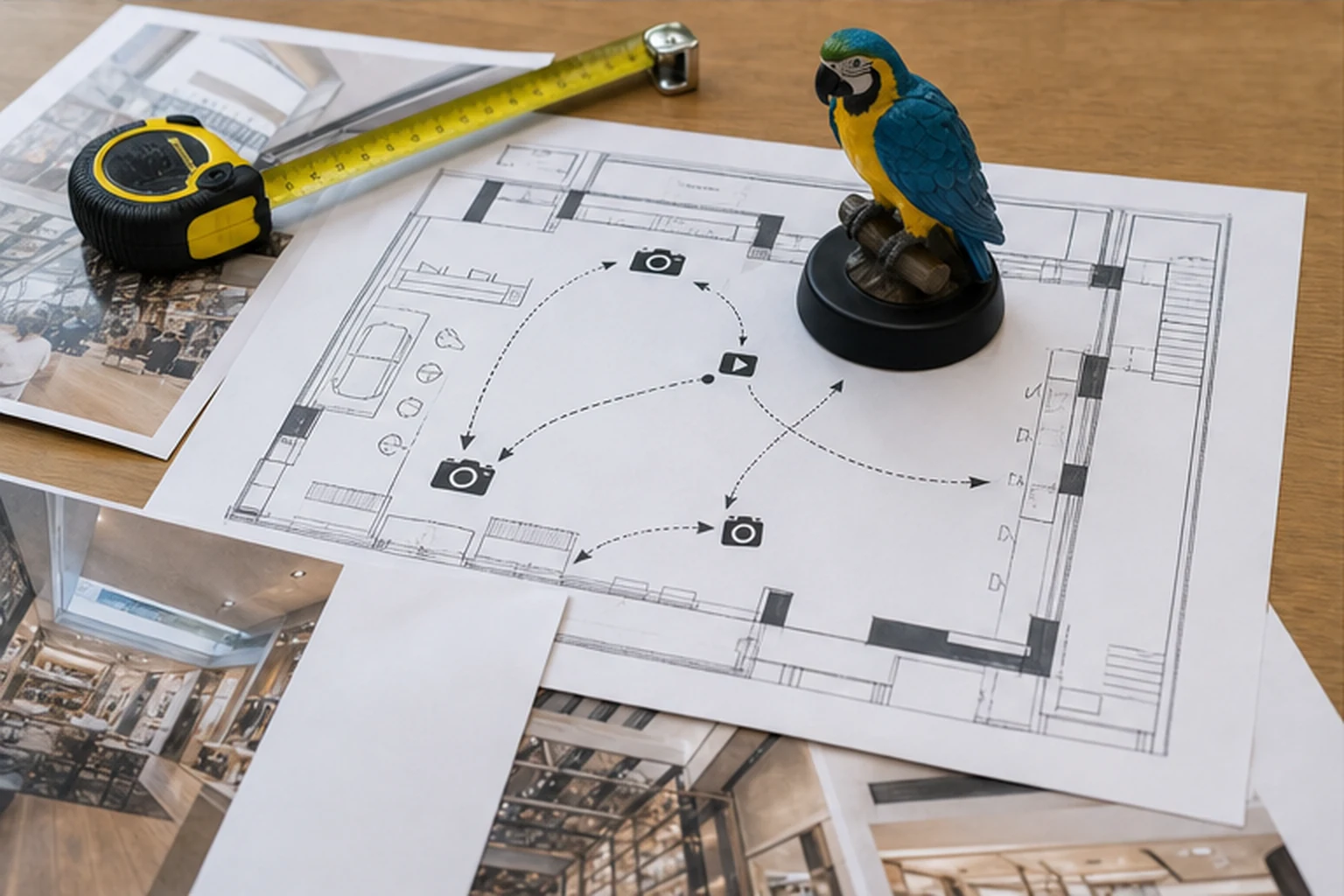 bản phác thảo bố trí tượng chim composite theo mặt bằng shop, thể hiện hướng khách nhìn và khoảng đứng chụp ảnh