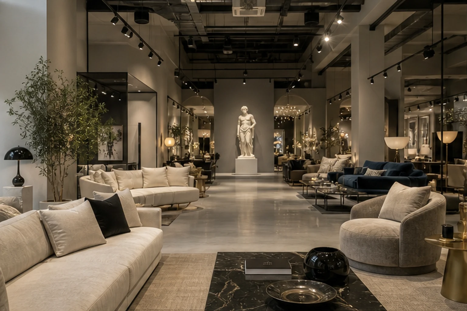 showroom nội thất cao cấp có tượng composite màu sáng ở cuối trục nhìn để minh họa vai trò dẫn mắt và hỗ trợ sản phẩm chính