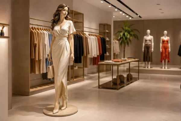 tượng cô gái composite dáng đứng mềm mại trong showroom thời trang, dùng để minh họa cách tượng dẫn mắt về khu trưng bày...