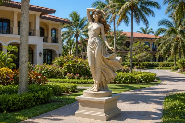 tượng cô gái composite đặt trong sân vườn resort, có chân đế chắc và form dáng nhìn rõ từ lối đi xa