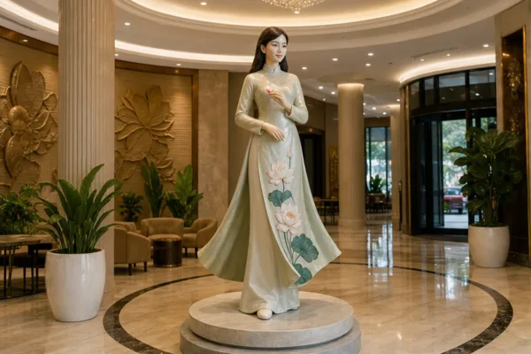 tượng cô gái Việt Nam dáng áo dài bằng composite đặt tại sảnh trưng bày để minh họa điểm nhấn văn hóa và góc chụp check-in