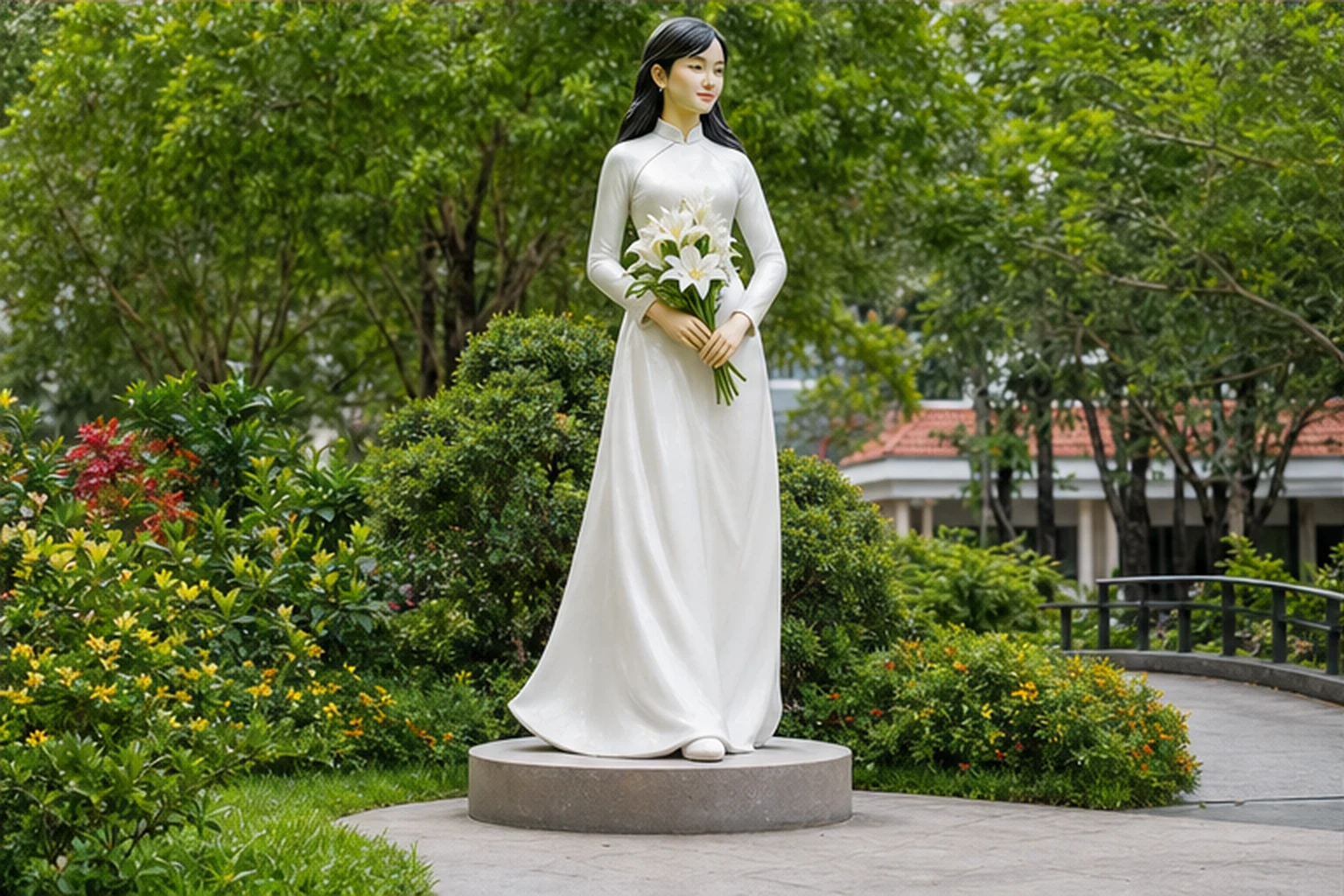Tượng thiếu nữ mặc áo dài trắng cầm hoa đặt trên bệ tròn trong khu cảnh quan ngoài trời nhiều cây xanh và lối đi.