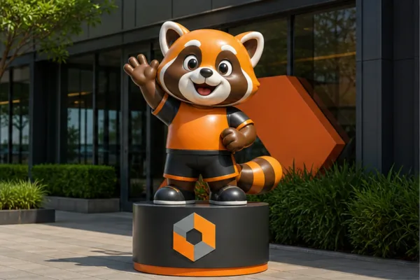 mascot thương hiệu bằng composite với màu nhận diện chuẩn, logo đặt trên bệ và biểu cảm rõ để khách dễ ghi nhớ
