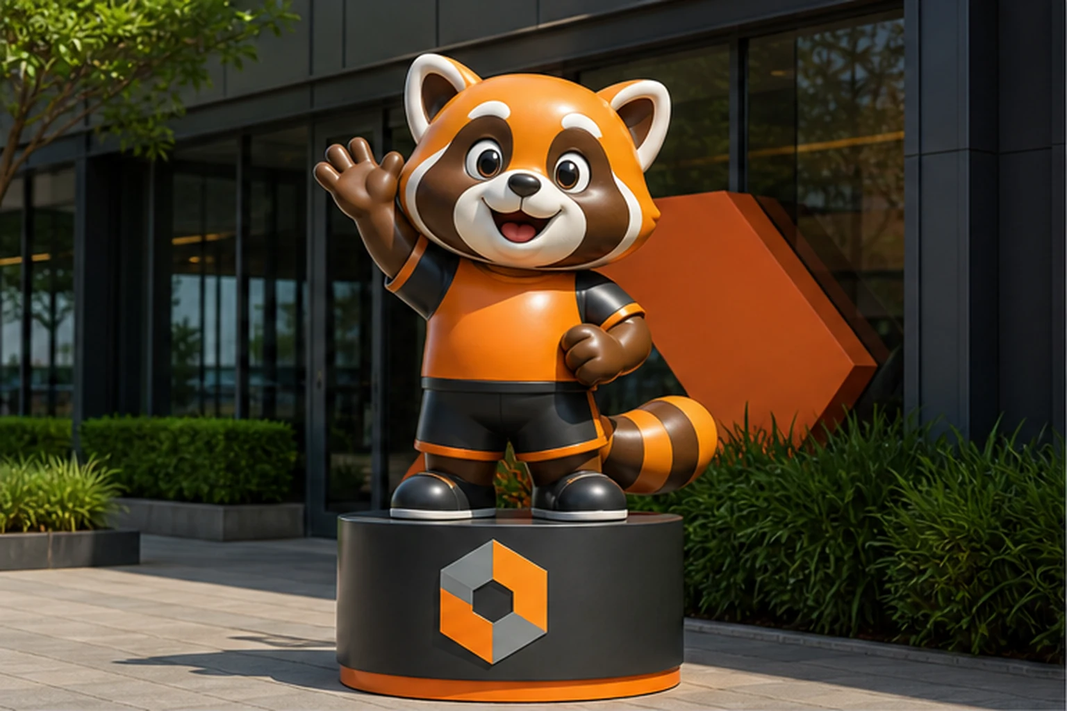 Mô hình mascot composite hình thú màu cam đen đặt trên bệ có logo thương hiệu trước lối vào tòa nhà, nổi bật để khách dễ...