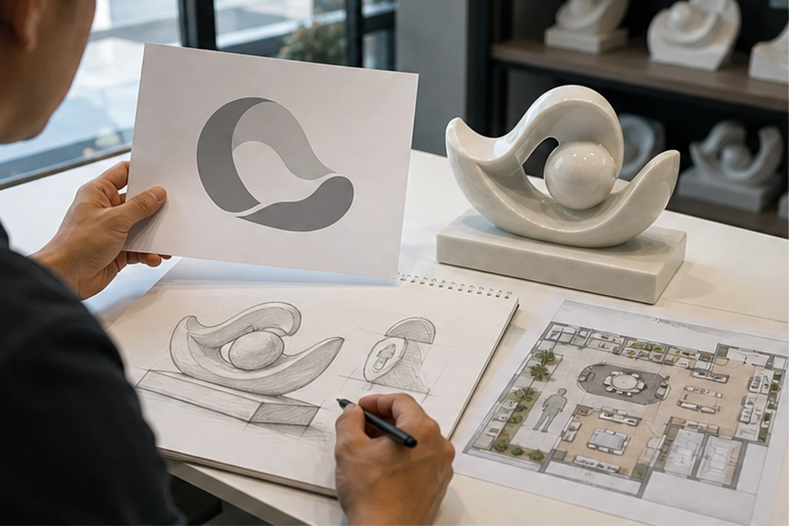 Người thiết kế đang cầm bản in logo mẫu bên cạnh phác thảo tượng, mô hình tượng trắng và bản mặt bằng cửa hàng trên bàn...