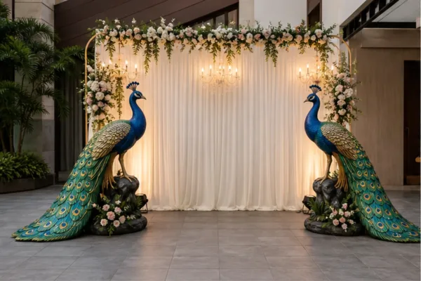 Cặp tượng công composite hai bên backdrop sự kiện với khoảng cách thoáng để minh họa bố cục chụp ảnh nhóm