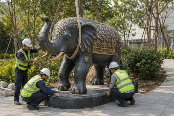 đội thi công lắp đặt tượng voi composite ngoài trời tại khu cảnh quan dự án để minh họa quy trình hoàn thiện và kiểm tra