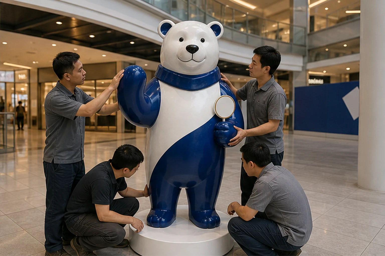 Đội thi công kiểm tra tượng mascot gấu trắng xanh bằng composite đặt trên chân đế tròn tại khu check-in trong trung tâm...