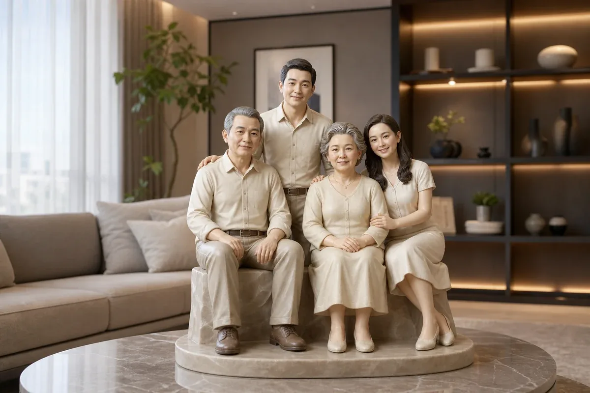 Bộ tượng các thành viên được tạo hình từ ảnh và đặt trong phòng khách hiện đại, minh họa khả năng cá nhân hóa theo không gian