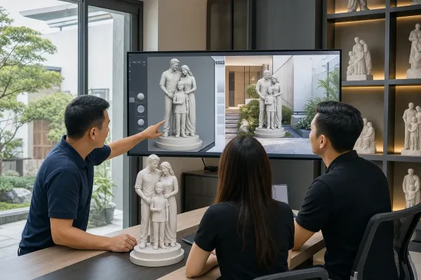 Đại diện shop cùng đội ngũ thiết kế xem bản dựng tượng trên màn hình cạnh ảnh không gian, minh họa bước tư vấn và duyệt mẫu