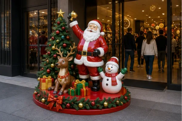 Cụm tượng ông già Noel composite đặt tại lối vào shop với chân đế gọn, màu lễ hội nổi bật và khách đang nhìn vào không...