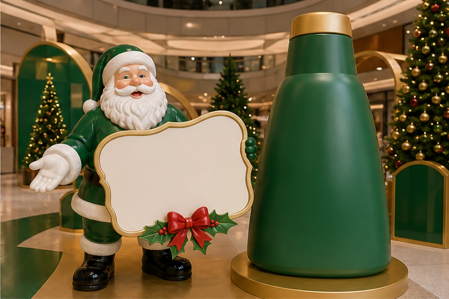 Tượng Noel composite tùy biến theo màu thương hiệu, cầm bảng chúc mừng và sản phẩm phóng lớn trong khu check-in thương mại