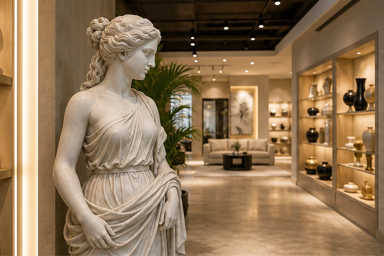 Tượng nữ thần Venus phong cách Hy Lạp bằng chất liệu giả đá đặt trong showroom nội thất với ánh sáng ấm và các sản phẩm...