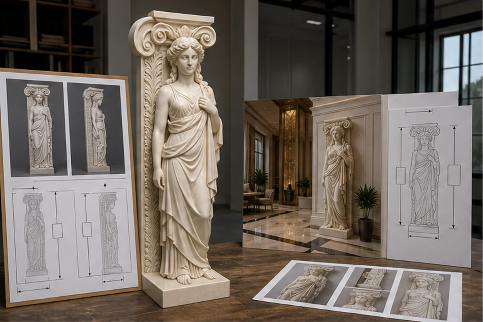 Bản brief đặt làm tượng composite gồm ảnh mẫu tượng, ảnh vị trí đặt trong showroom và ghi chú kích thước để minh họa bước...