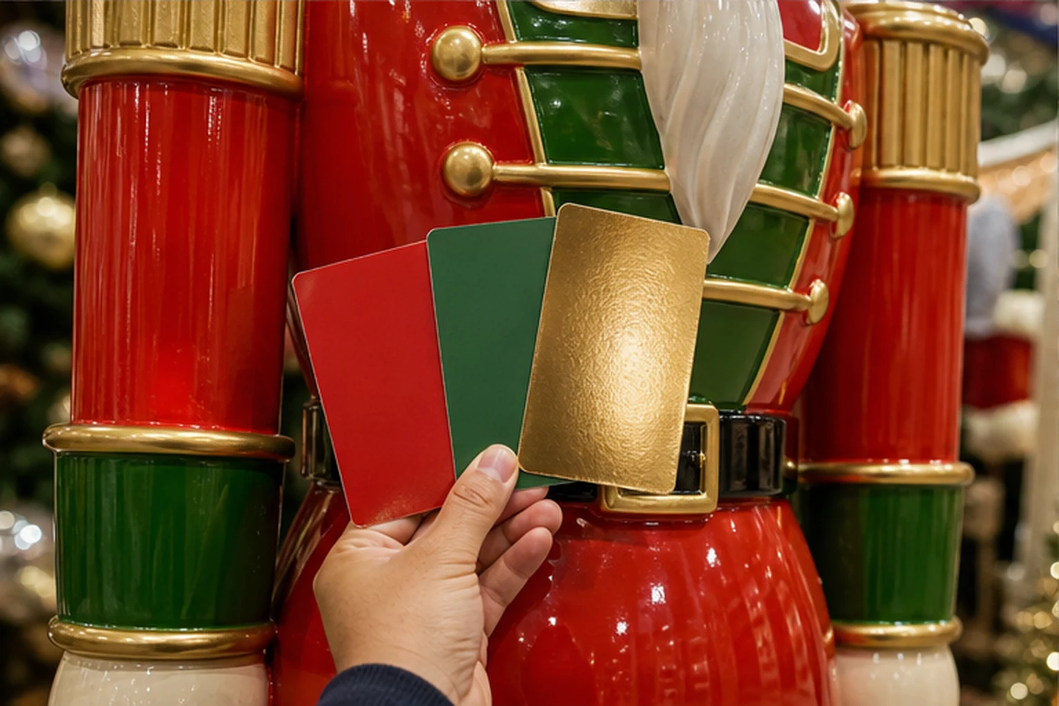 Tay cầm các mẫu màu đỏ, xanh và vàng kim trước bề mặt tượng lính Noel composite sơn bóng đỏ, xanh, trắng và vàng kim...