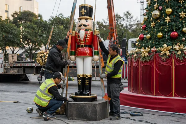 đội thi công lắp tượng lính composite ngoài trời trên bệ vững cạnh khu sự kiện Noel để minh họa an toàn và vận chuyển