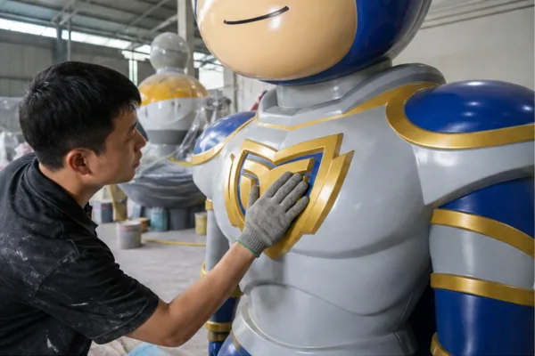 Thợ kiểm bề mặt tượng mascot composite trong xưởng, tập trung vào logo nổi, lớp sơn và vùng khách thường chạm