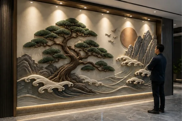 khách hàng kiểm tra tượng composite đã lắp cùng backdrop tại showroom để minh họa nghiệm thu theo góc nhìn thực tế