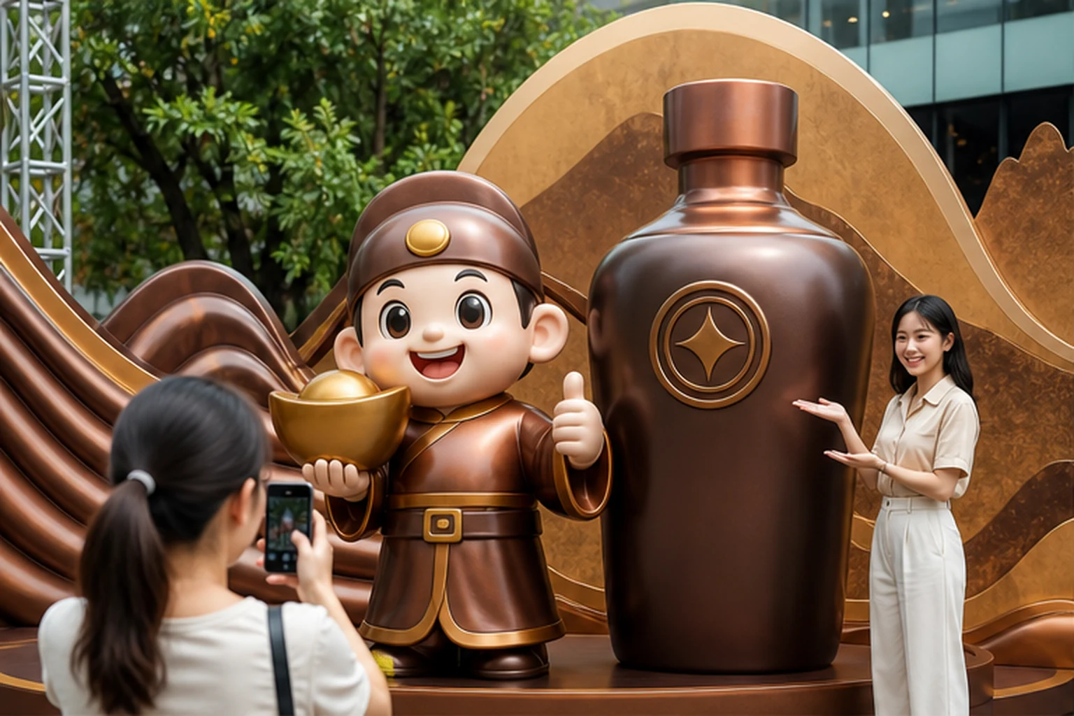 Cụm tượng composite check-in sự kiện gồm mascot cầm thỏi vàng, mô hình chai sản phẩm phóng lớn, bệ trang trí và khách...