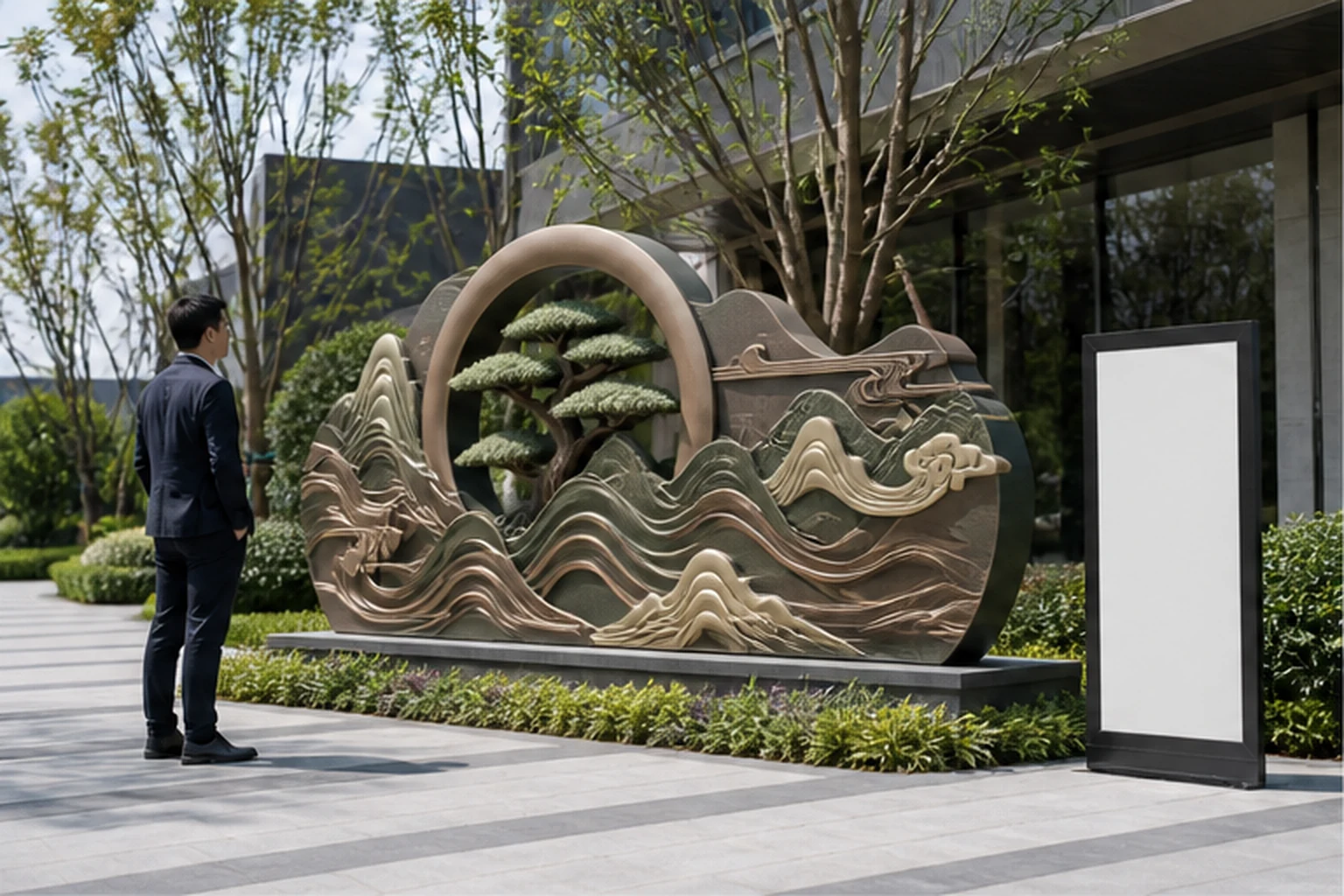 bản phối cảnh tượng ngoài trời đặt vào ảnh mặt bằng thật của showroom, có người đứng cạnh và biển hiệu để minh họa kiểm...