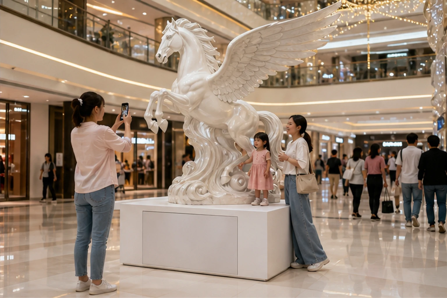 khách chụp ảnh cùng tượng ngựa có cánh composite tại điểm check-in trong trung tâm thương mại với logo trên bệ không bị che