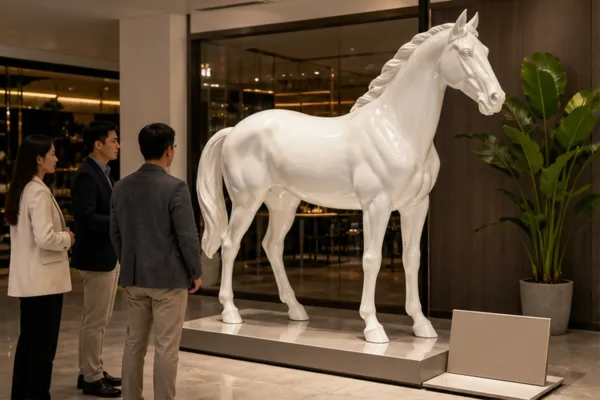 tượng ngựa composite đặt trong showroom cao cấp, khách đứng gần quan sát bề mặt và logo thương hiệu