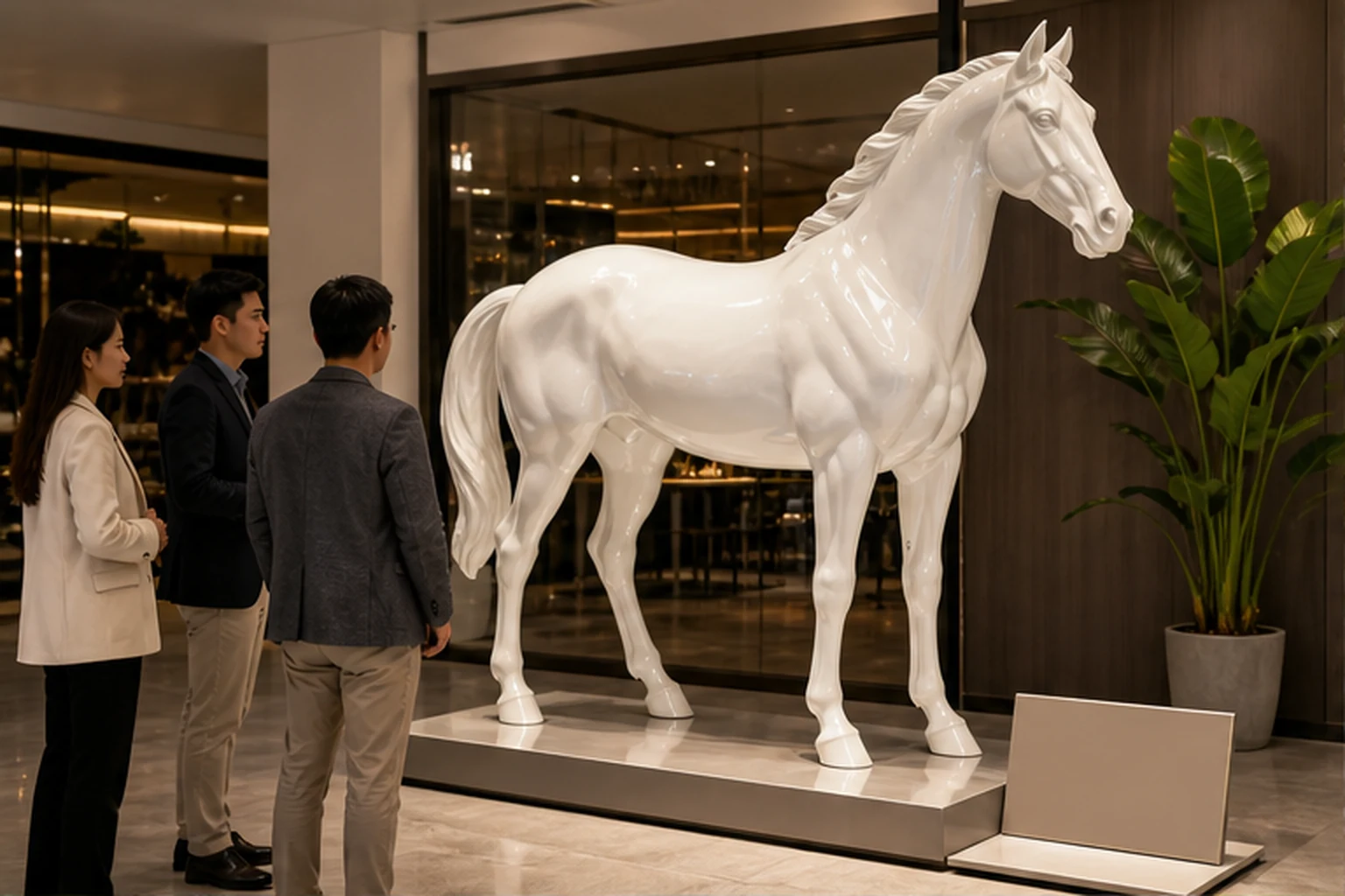Tượng ngựa trắng bóng đặt trên bệ trong showroom cao cấp, ba khách đứng gần quan sát bề mặt tượng từ nhiều hướng.