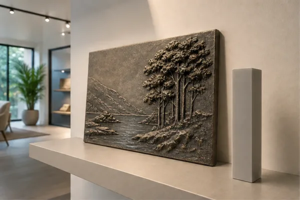 Mẫu tượng composite nhỏ trên kệ showroom có thước đo kích thước và khoảng lùi người nhìn để minh họa cách chọn tỷ lệ