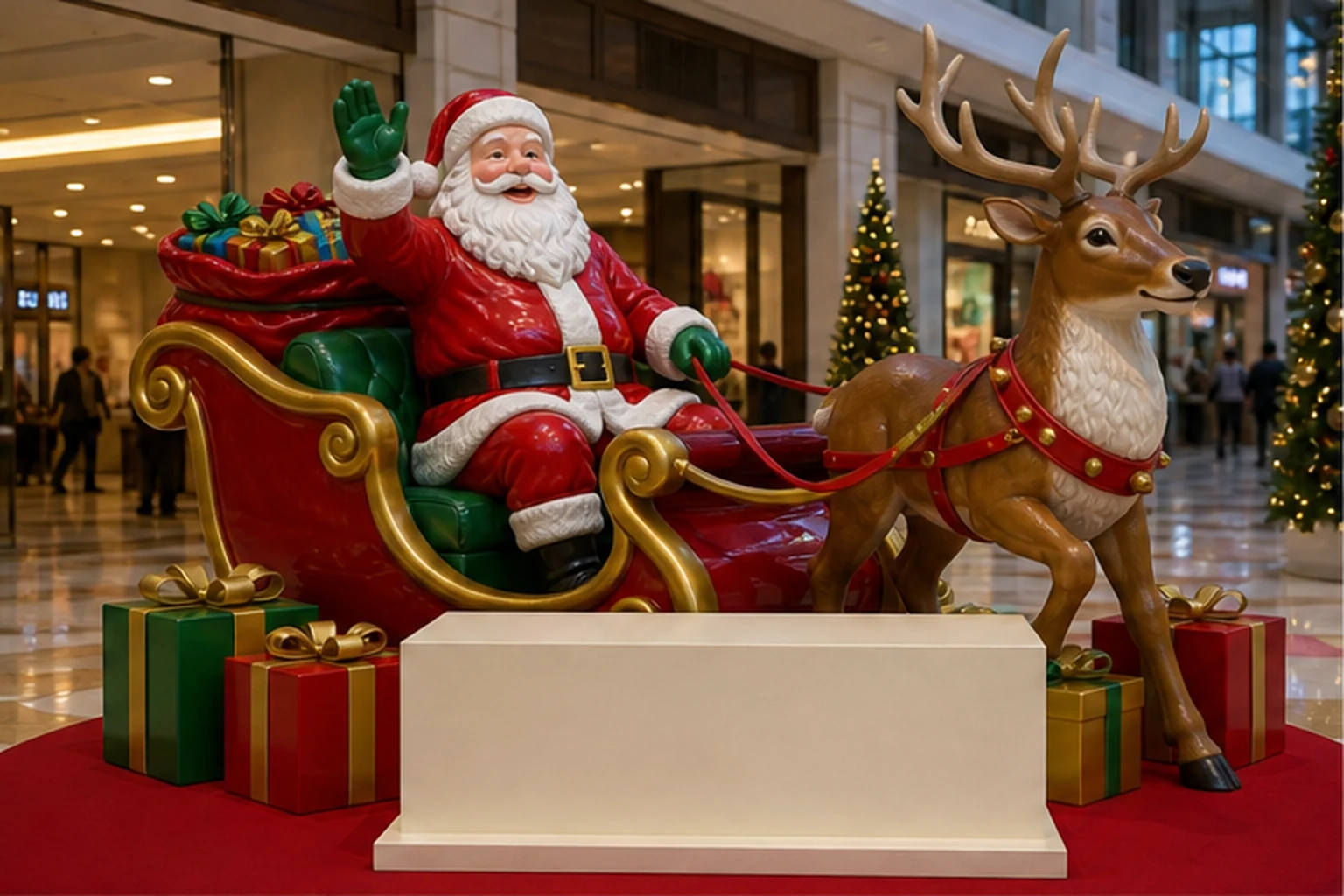 cụm ông già Noel, tuần lộc và hộp quà composite trong khu chụp ảnh sự kiện, có logo thương hiệu trên bệ