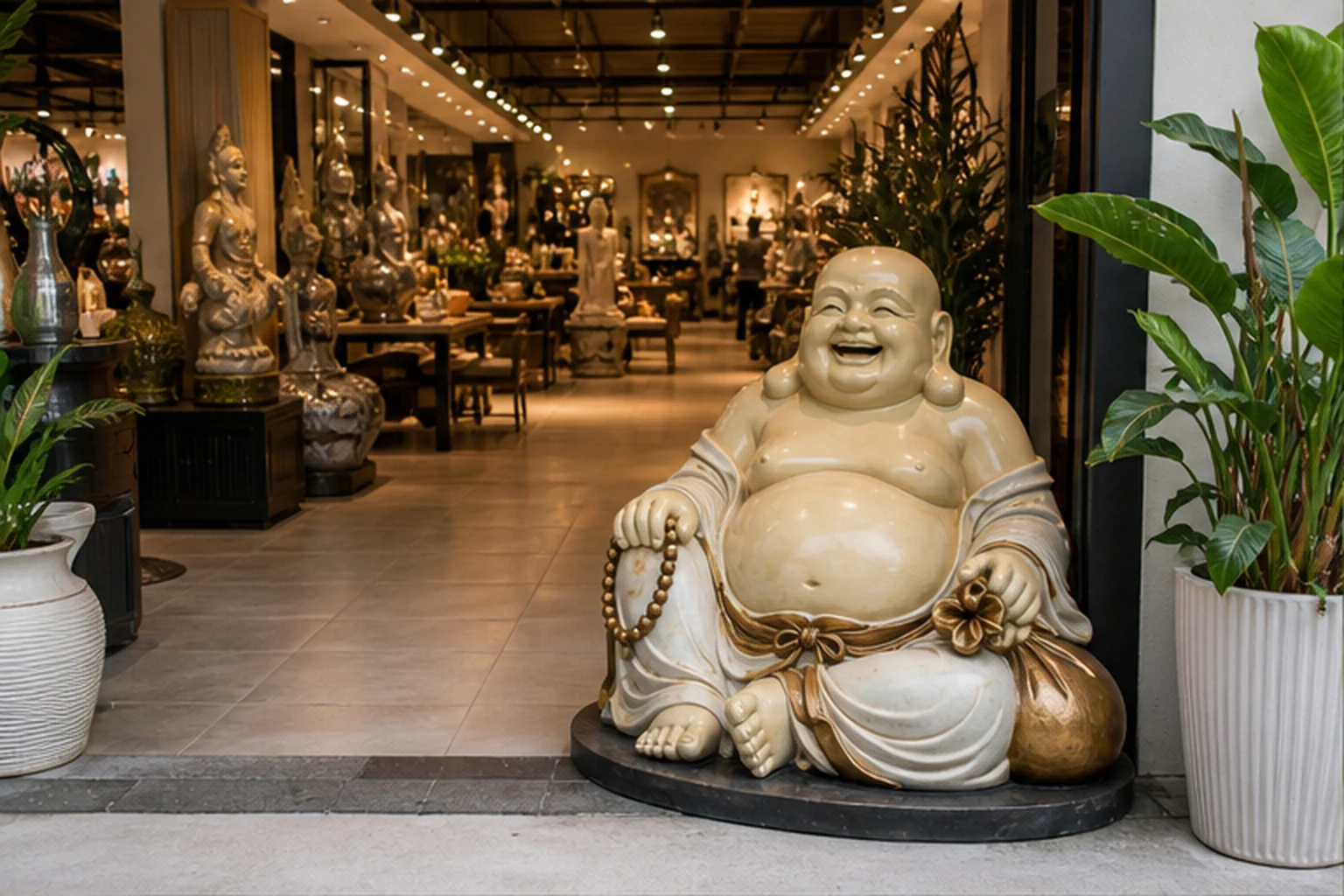 Tượng Phật Di Lặc màu trắng ngà đặt ở lối vào showroom decor, phía sau là khu trưng bày nhiều tượng và đồ trang trí với...