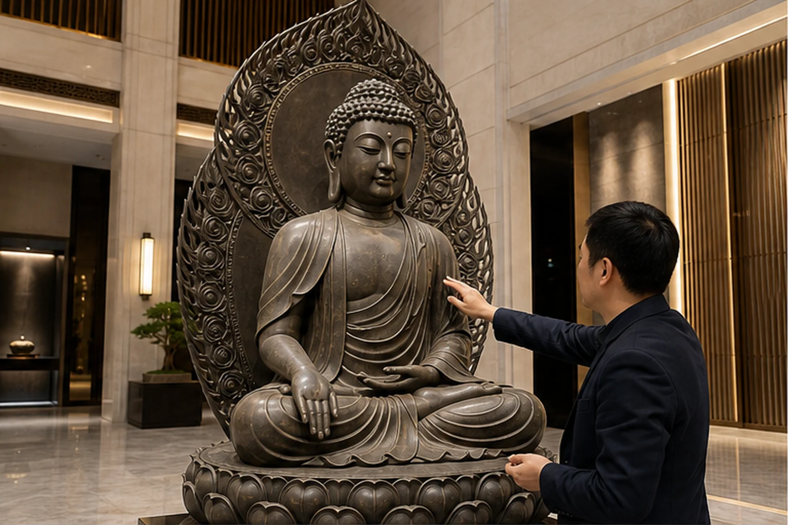 Khách nghiệm thu tượng Phật cỡ lớn đặt trên bệ sen trong sảnh dự án, với phần hào quang phía sau được chạm hoàn thiện và...