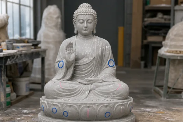 tượng phật composite ở giai đoạn form thô chưa sơn đặt trong xưởng, có đánh dấu phần tay áo và đài sen cần kiểm tra trước...
