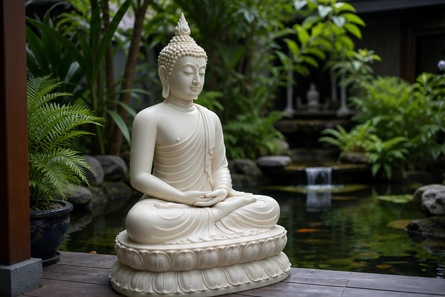 Tượng Phật màu trắng ngồi thiền trên đài sen trong tiểu cảnh sân vườn xanh mát cạnh hồ nước nhỏ và lối đi gỗ.