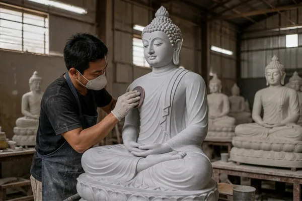 nghệ nhân đang hoàn thiện bề mặt tượng phật composite trong xưởng, có dụng cụ chà nhám và lớp sơn lót để minh họa vật...