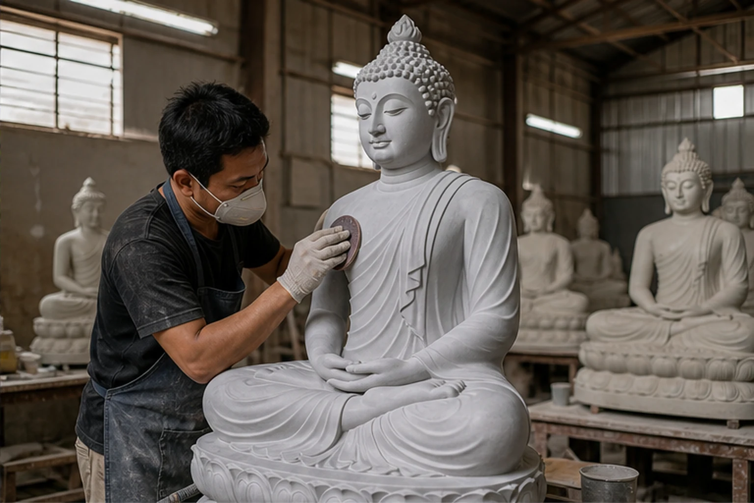 nghệ nhân đang hoàn thiện bề mặt tượng phật composite trong xưởng, có dụng cụ chà nhám và lớp sơn lót để minh họa vật...