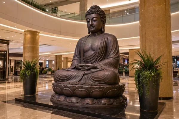 tượng Phật composite đặt tại khu decor trung tâm thương mại với ánh sáng trưng bày, minh họa ứng dụng thương mại