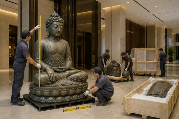 đội thi công lắp tượng Phật Tổ composite trong sảnh thương mại để minh họa kiểm kích thước, vận chuyển module và vị trí đặt