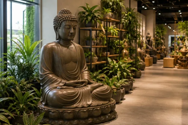 Tượng Phật composite trong tiểu cảnh xanh tại showroom