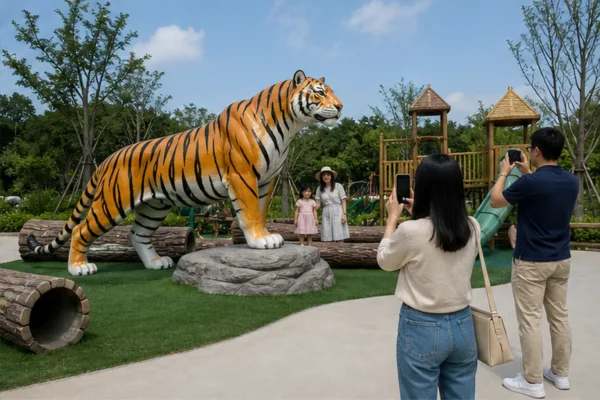 khách chụp ảnh cùng tượng thú composite ngoài trời tại khu vui chơi, thể hiện hướng nhìn chính và khoảng trống quanh tượng