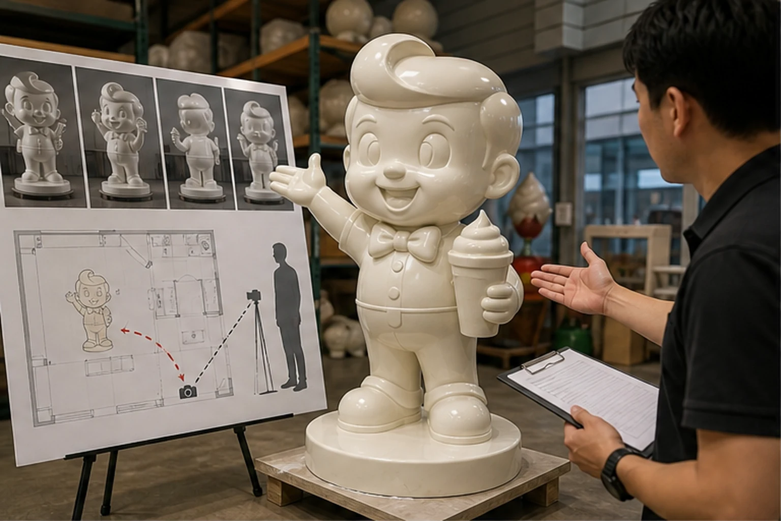 Tượng mascot composite màu trắng bóng trong xưởng, đặt cạnh bảng phác thảo concept có các góc nhìn, sơ đồ vị trí chụp và...