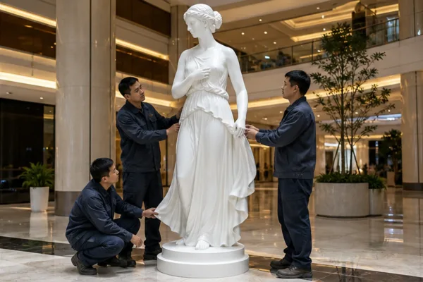 đội thi công kiểm tra tượng Venus composite tại sảnh trung tâm thương mại trước bàn giao để minh họa nghiệm thu trong...