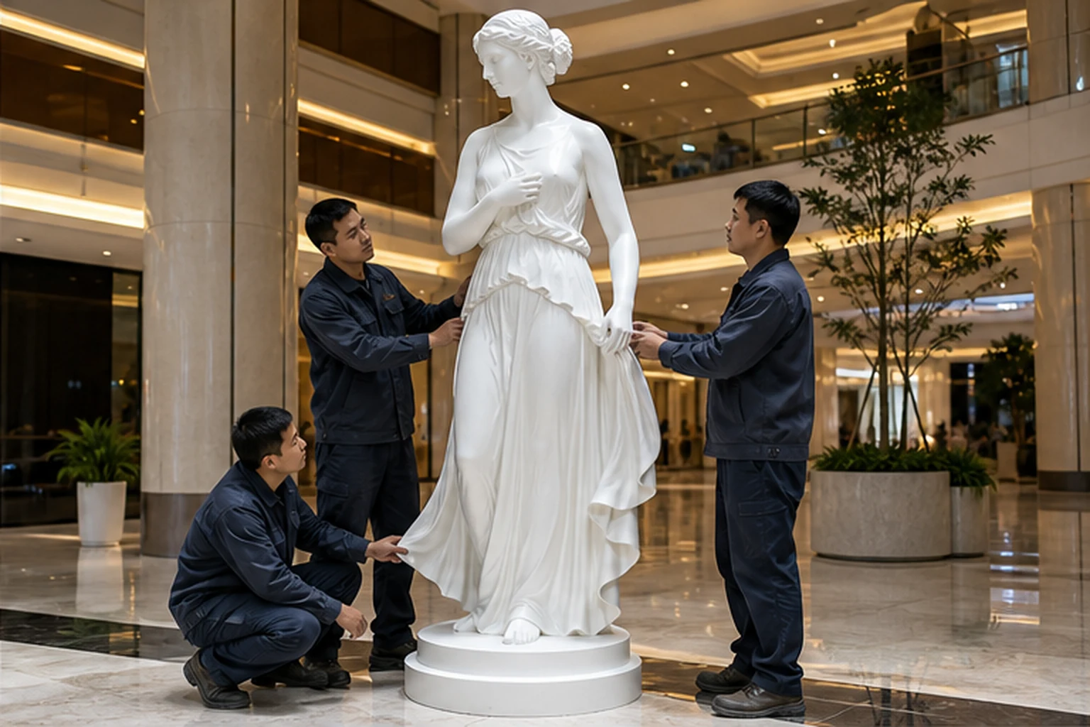 Đội thi công lắp đặt và kiểm tra tượng nữ phong cách cổ điển màu trắng tại sảnh trung tâm thương mại.