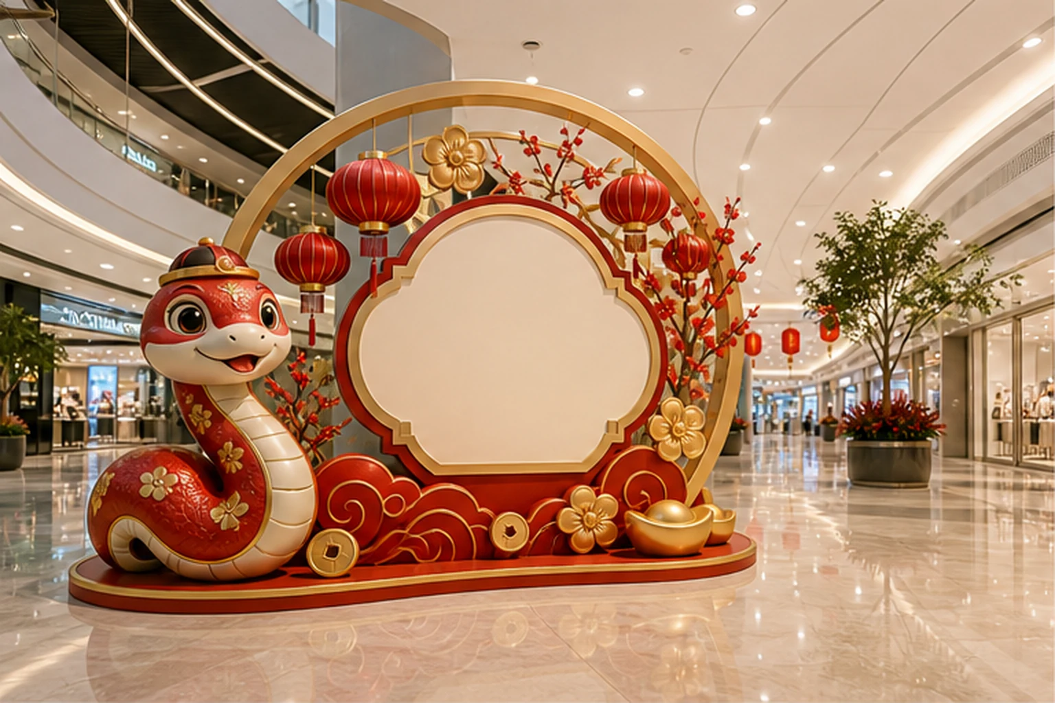 Cổng check-in Tết trong trung tâm thương mại với mascot rắn composite phóng lớn, đèn lồng đỏ, hoa mai và vùng đứng chụp ở...