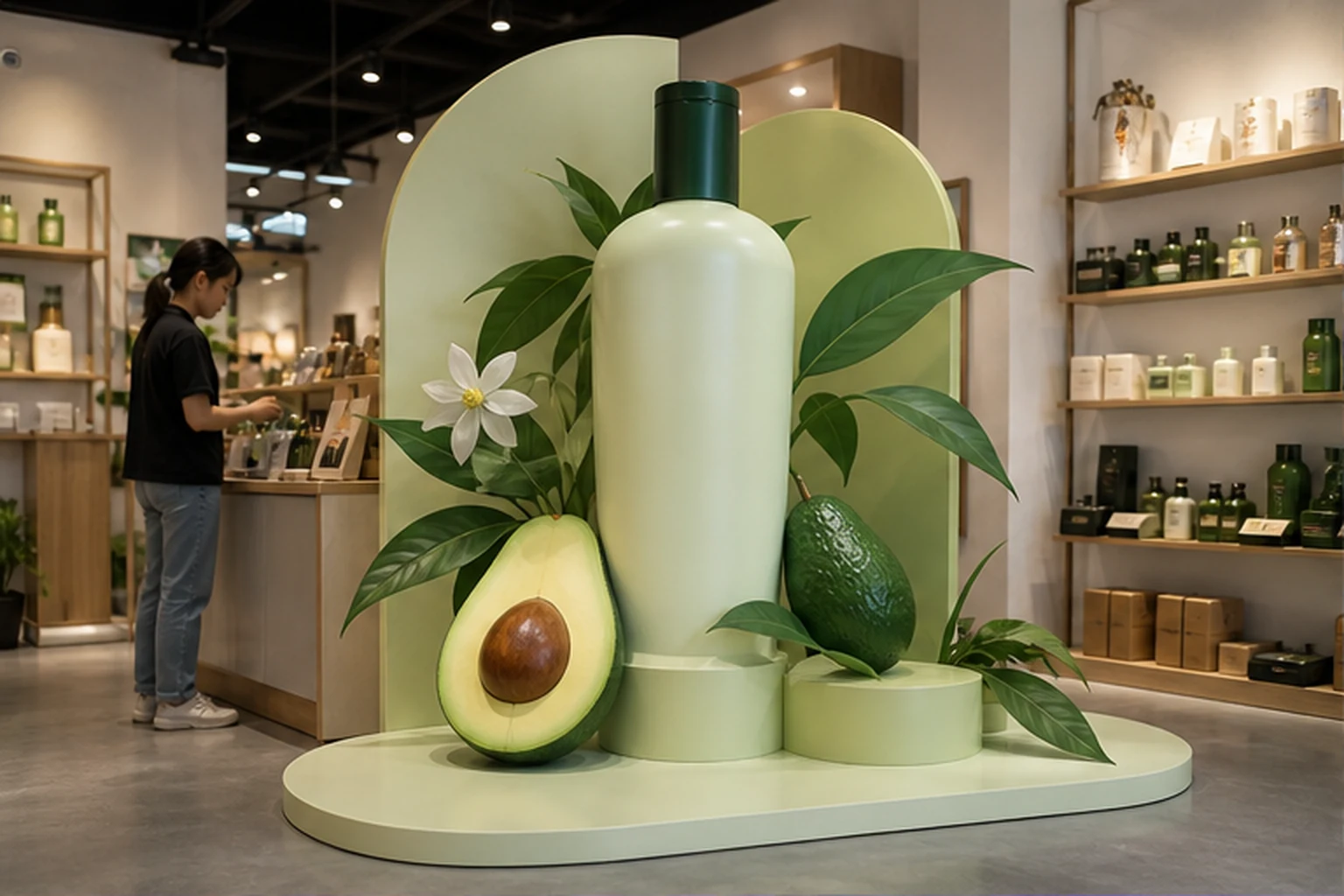 mô hình chai mỹ phẩm quảng cáo kích thước lớn với lá xanh và quả bơ đặt trong cửa shop trưng bày sản phẩm