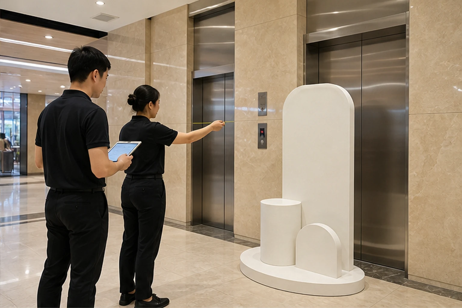 Hai nhân sự mặc đồ đen khảo sát sảnh thang máy, một người cầm máy tính bảng và một người dùng thước đo gần vị trí đặt cụm...
