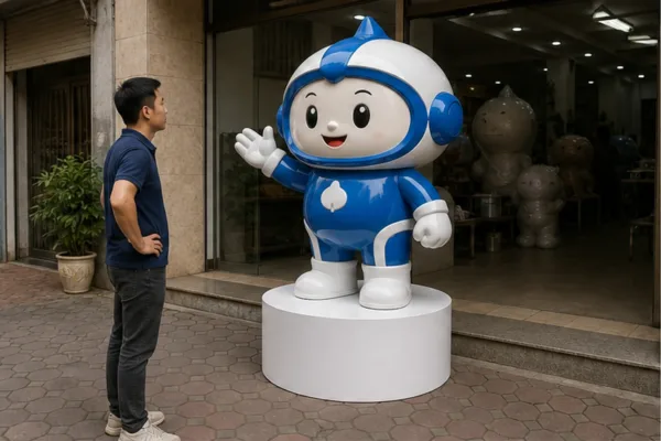 Mô hình mascot composite trước cửa shop với bệ nhận diện thương hiệu