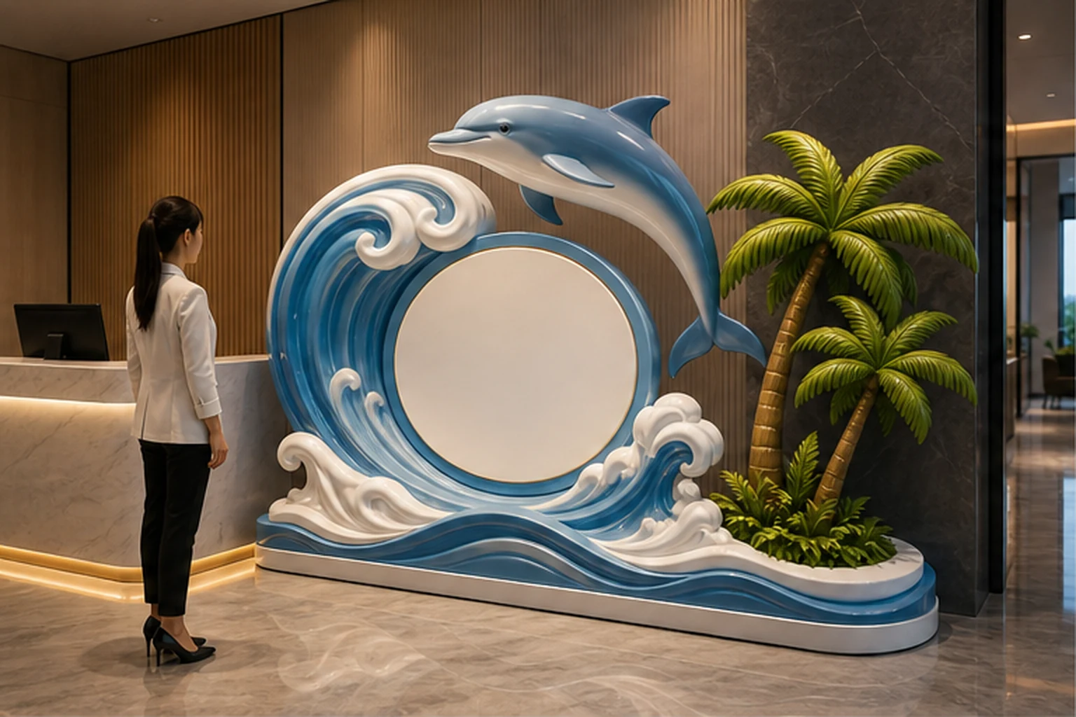 Mô hình composite phóng lớn hình cá heo và sóng biển đặt trong showroom, có một khách đứng quan sát bên cạnh quầy lễ tân.