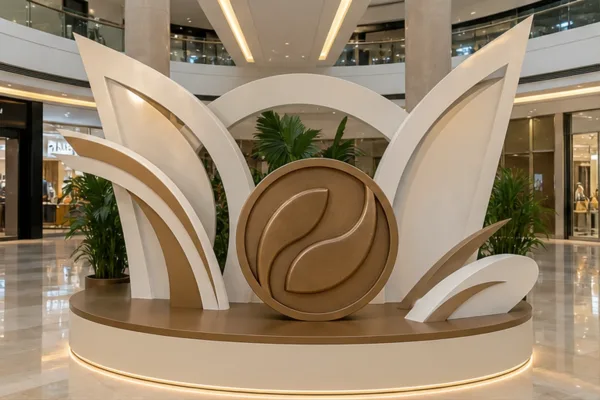 cụm decor trung tâm thương mại nhìn được từ nhiều hướng với bệ composite chắc, logo nổi sạch và khối nền nhẹ hỗ trợ phía sau